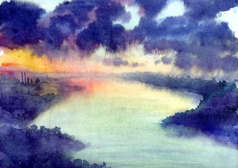watercolor sunset under the river