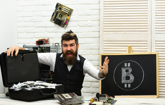 Bitcoin business opportunities are everywhere. From paper money to crypto currency. Bearded man with cash money. Bearded hipster with bitcoin symbol and dollars. Business man in server room