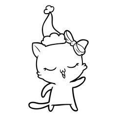 line drawing of a cat with bow on head wearing santa hat