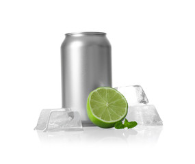 Tin can, lime, mint and ice cubes on white background