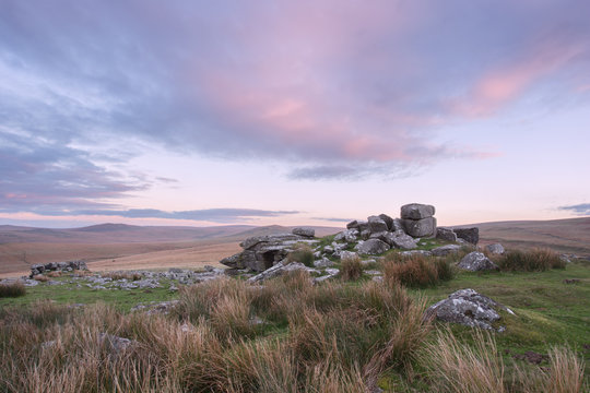 Sunset Rowtor Dartmoor National Park Devon Uk