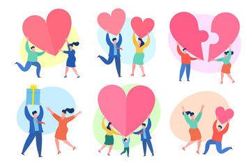Man and woman hold big red heart. Valenine day. Love and relationship.