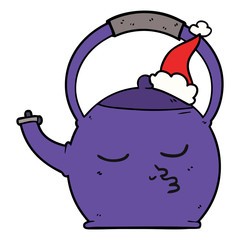 line drawing of a kettle wearing santa hat