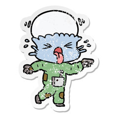distressed sticker of a weird cartoon alien pointing