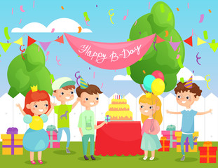 Vector illustration of kids birthday party in the yard with many happy children in bright clothes and decoration, big cake and lot of gifts. Happy girls and boys have fun with friends on birthday