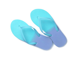 Bright flip flops on white background, top view. Beach accessories