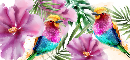 Bunte Vögel und Blumen Aquarell Vektor. Tropische Kartenhintergründe © castecodesign