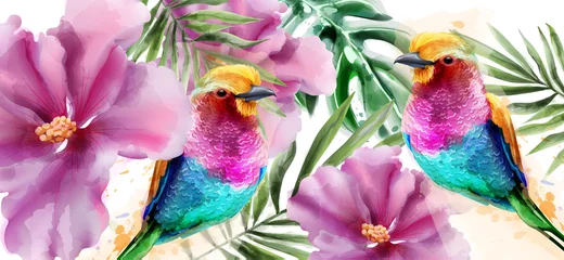 Bunte Vögel und Blumen Aquarell Vektor. Tropische Kartenhintergründe © castecodesign