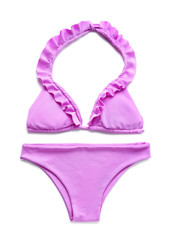 Bright swimsuit on white background, top view. Beach accessories