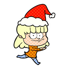 comic book style illustration of a smiling woman wearing santa hat