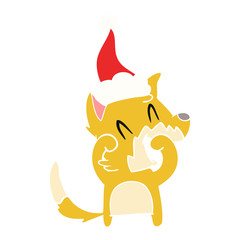 laughing fox flat color illustration of a wearing santa hat