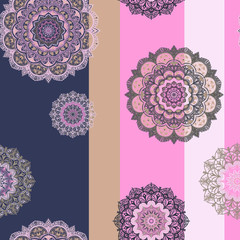 Seamless pattern - mandalas on a geometric background. Shades of dark blue, brown and pink: with gray and beige - for the nursery, living room and hall.