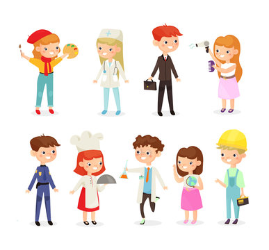 Vector illustration set of young kids boys and girls of different professions. Doctor, builder, cook, policeman and painter, chemist kids in cartoon flat style.