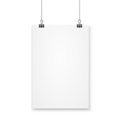 Blank A4 page hanged with paper clips on white background. Vector illustration