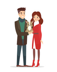 Vector illustration of couple of young people with a pet. Handsome husband and pretty wife with a cute dog, pet concept in flat cartoon style.