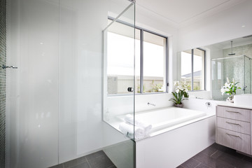 Fototapeta na wymiar Luxury washroom with white walls and bath tub