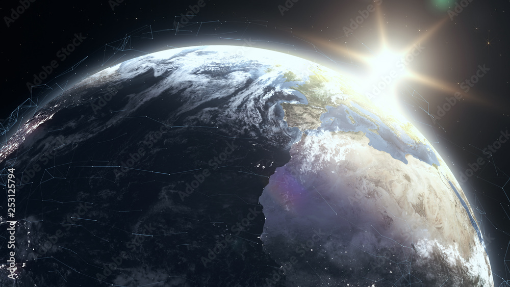 Wall mural realistic sunrise over planet earth 3d illustration. sunrise with digital data grid. globe lits up f