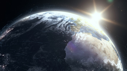 Realistic sunrise over planet Earth 3D illustration. Sunrise with digital data grid. Globe lits up from the Sun with technology mesh around. Internet and blockchain concept using NASA imagery in 4K