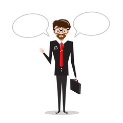Business Man in Suit with Empty Speech Bubbles and Case Isolated on White Background. Vector Businessman Icon.