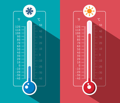 Cold and Hot Thermometer Icons. Vector Celsius and Fahrenheit Scales Meteorology Symbols.
