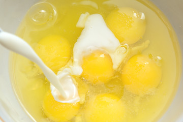 milk is poured into egg yolks