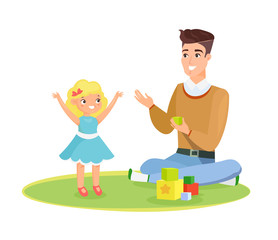 Vector illustration of father and young daughter playing on the carpet with toys, daddy and kid, happy daddy s day concept. Happy child and father playing together, isolated on white background in