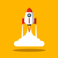 Rocket Launch Vector Symbol. Spaceship Flat Design Icon on Yellow Background.