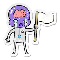 distressed sticker of a cartoon crying big brain alien waving a flag