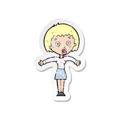 retro distressed sticker of a cartoon woman shrugging shoulders
