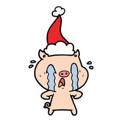 crying pig line drawing of a wearing santa hat