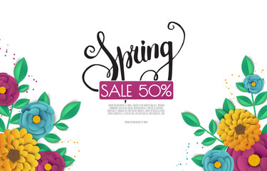 Spring sale banner with paper flowers on a white background.