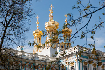 Fototapeta na wymiar View of Domes of the House Church at Catherine Palace
