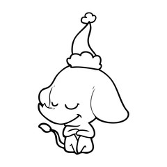 line drawing of a smiling elephant wearing santa hat