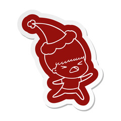 cartoon  sticker of a stressed man wearing santa hat
