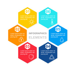 Vecto illustration infographics concept with hexagon colorful elements with icons and place for text. Diagram template for presentation in flat style on white background.
