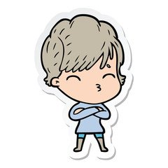 sticker of a cartoon woman thinking