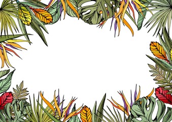 Fototapeta na wymiar Greeting card with colorful tropical flowers and leaves. Hand drawn vector illustration.