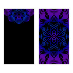 Design Vintage Cards With Floral Mandala Pattern And Ornaments. Vector Template. Islam, Arabic, Indian, Mexican Ottoman Motifs. Hand Drawn Background. Black blue purple color