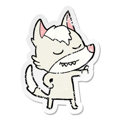 distressed sticker of a friendly cartoon wolf