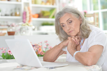 Portrait of tired senior woman using laptop