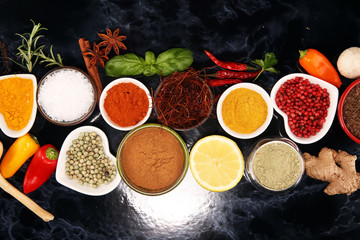 Spices and herbs on table. Food and cuisine ingredients.