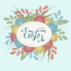 Easter greeting card with spring flowers and hand written text Easter. Vector Eps10