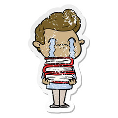 distressed sticker of a cartoon man crying