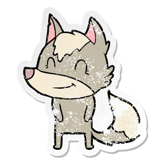 distressed sticker of a friendly cartoon wolf