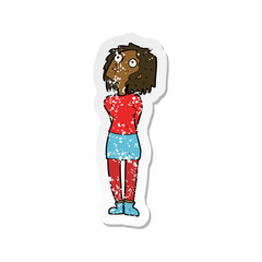 retro distressed sticker of a cartoon curious woman