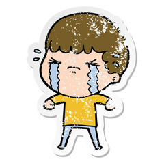 distressed sticker of a cartoon man crying