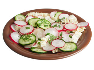 Slices of radish and cucumber in a salad on plate