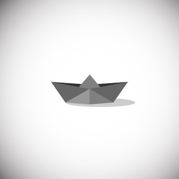 Paper boat origami isolated on gray gradient background. Vector illustration realistic design element.