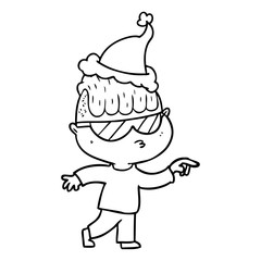 line drawing of a boy wearing sunglasses pointing wearing santa hat
