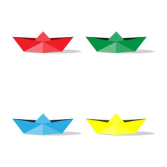 Paper colour boats origami isolated on white background. Vector illustration design element. Red, yellow, blue, green.